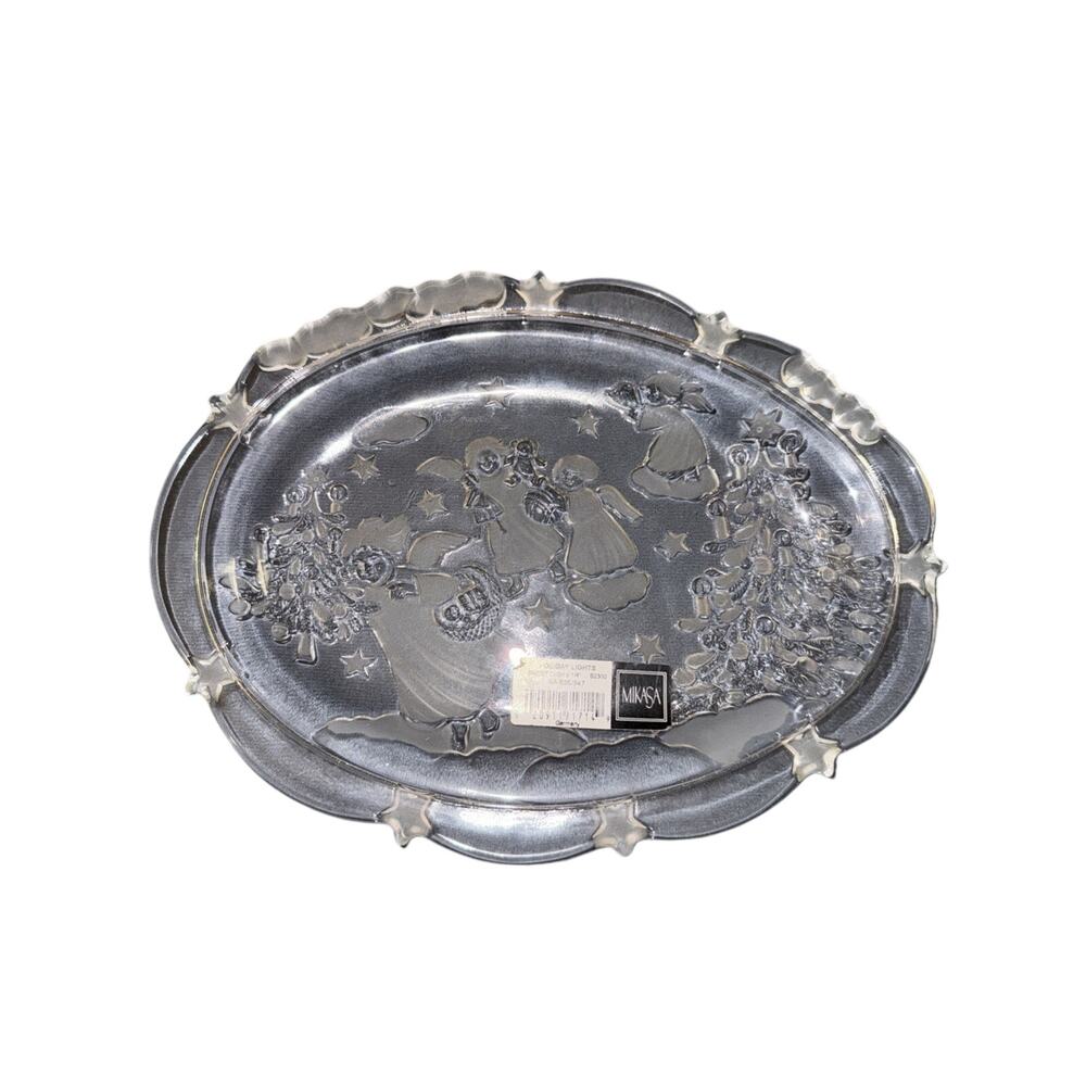 Mikasa Holiday Lights Crystal 9" Oval Glass Tray Angel Christmas Tree Star
